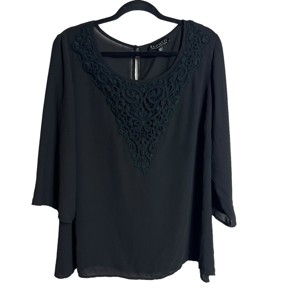 Eloquii Blouse Women's Size 24 Embroidered 3/4 Sleeve Black Keyhole Back